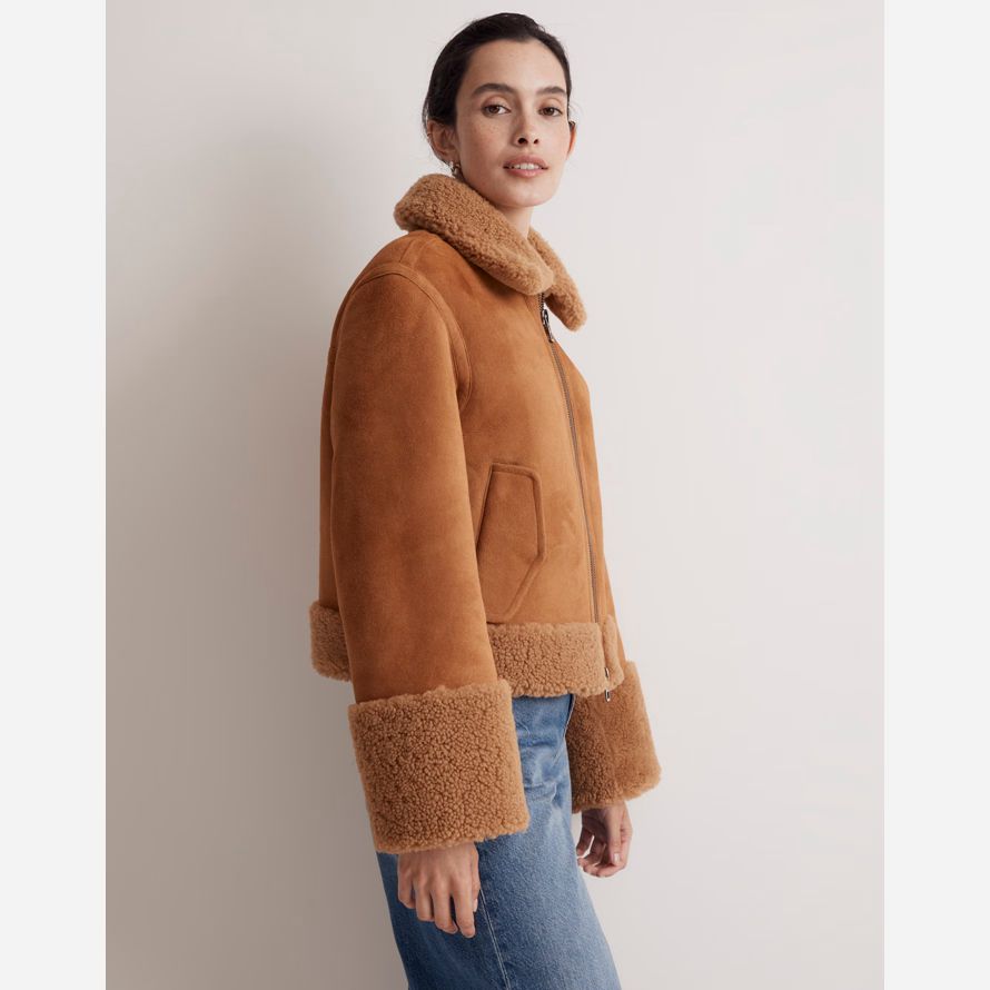brown madewell shearling zip-front womens leather jacket