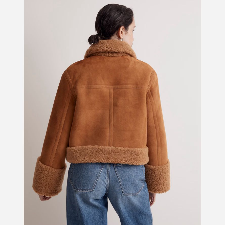 brown madewell shearling zip-front womens leather jacket
