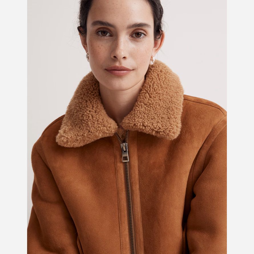 brown madewell shearling zip-front womens leather jacket