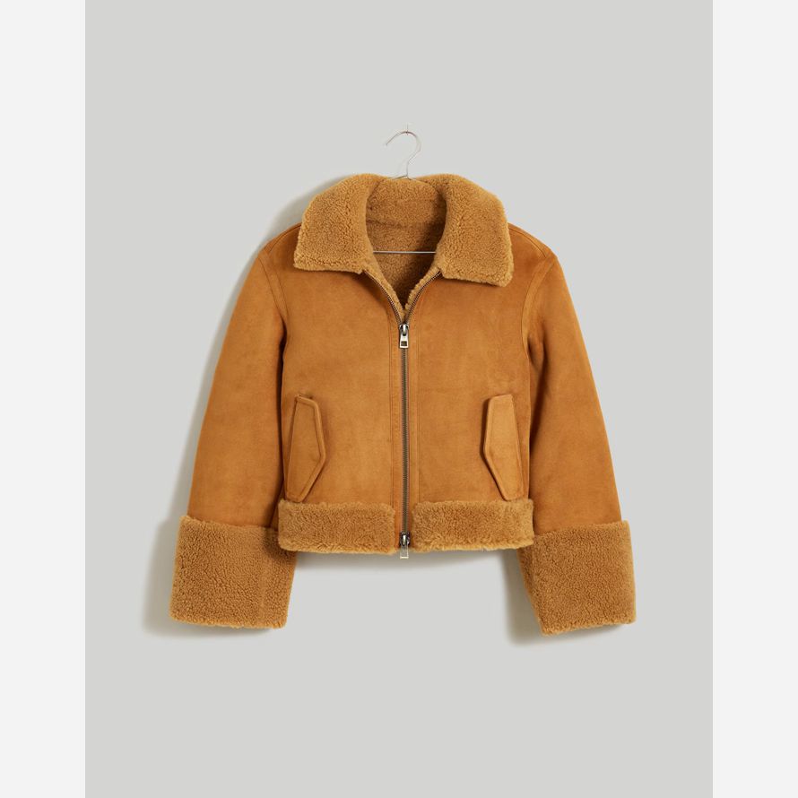 brown madewell shearling zip-front womens leather jacket