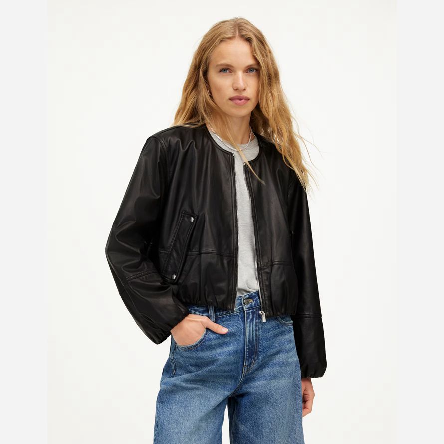 womens madewell bubble-sleeve leather jacket black