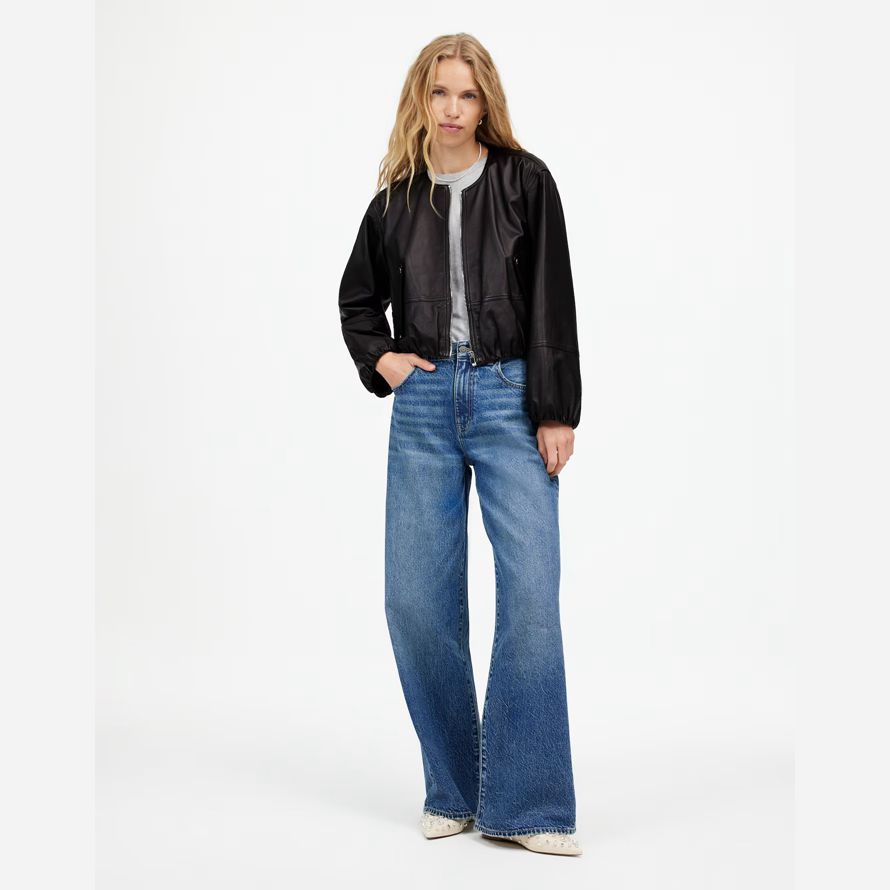 womens madewell bubble-sleeve leather jacket black