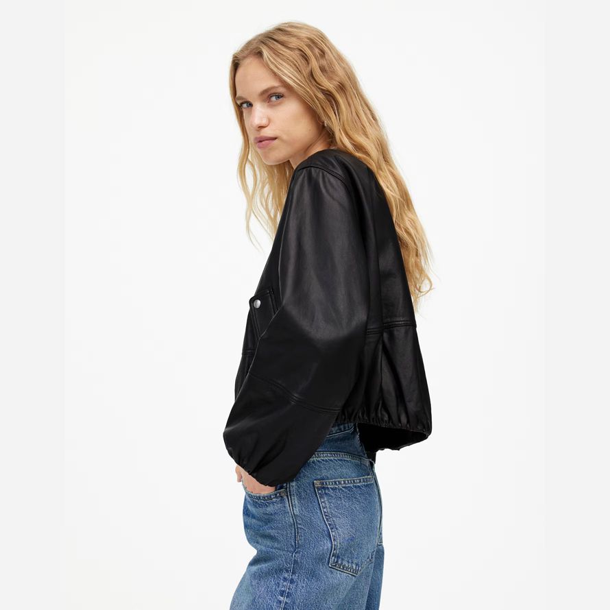 womens madewell bubble-sleeve leather jacket black