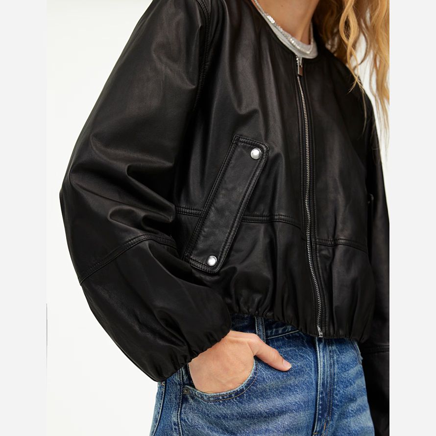 womens madewell bubble-sleeve leather jacket black