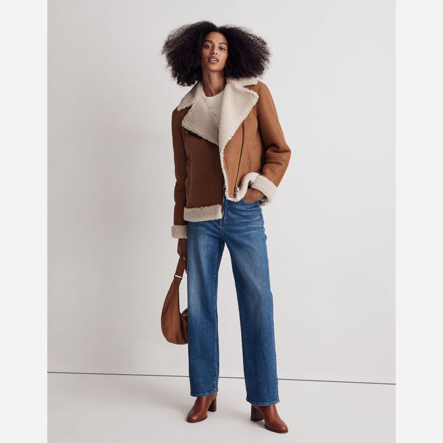 womens madewell oversized shearling motorcycle leather jacket brown