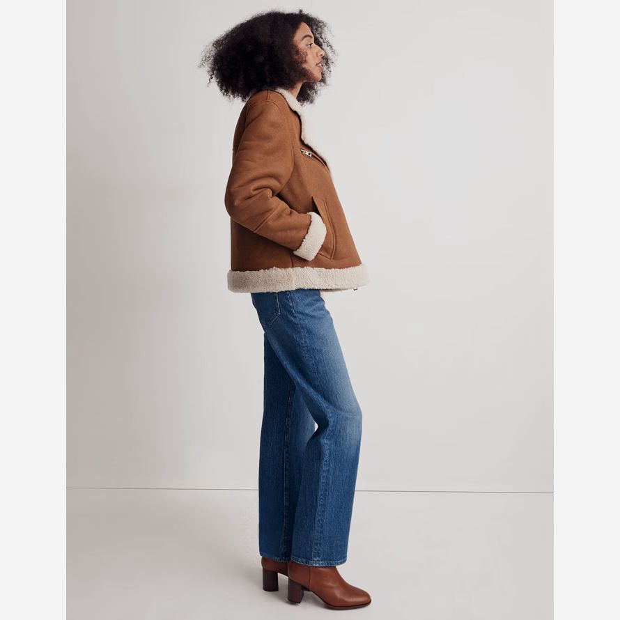 womens madewell oversized shearling motorcycle leather jacket brown