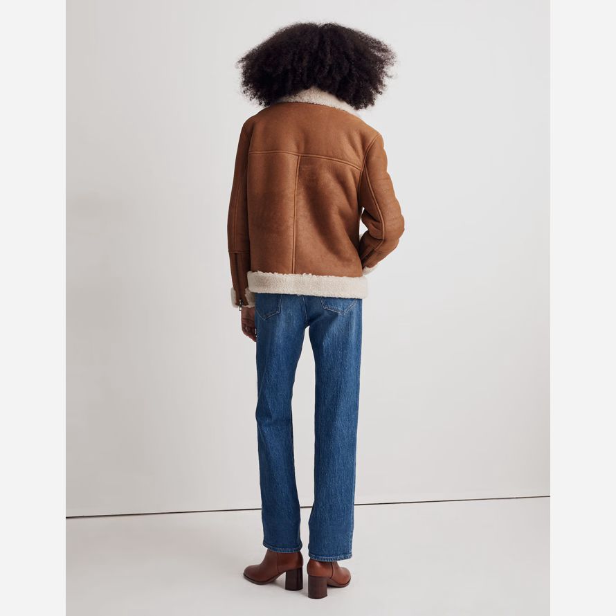 womens madewell oversized shearling motorcycle leather jacket brown