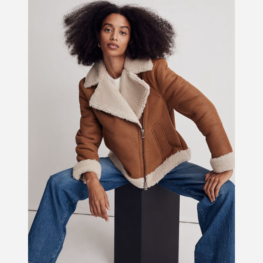 womens madewell oversized shearling motorcycle leather jacket brown