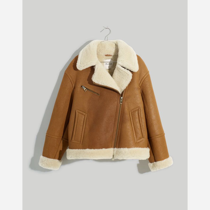 womens madewell oversized shearling motorcycle leather jacket brown