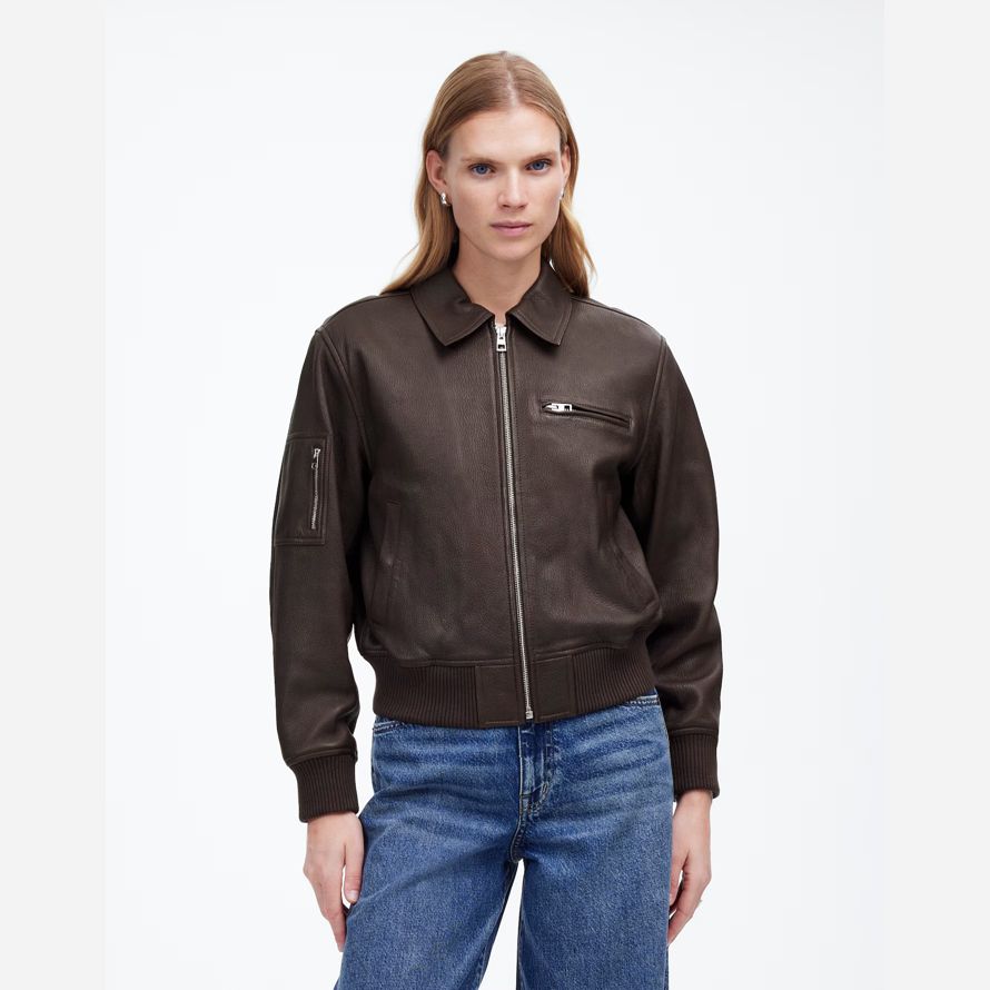 chocolate womens madewell relaxed bomber leather jacket