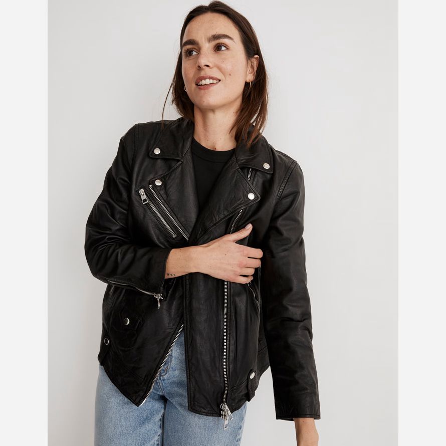 black womens madewell washed oversized motorcycle leather jacket