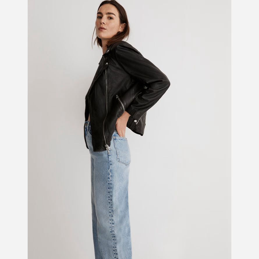 black womens madewell washed oversized motorcycle leather jacket
