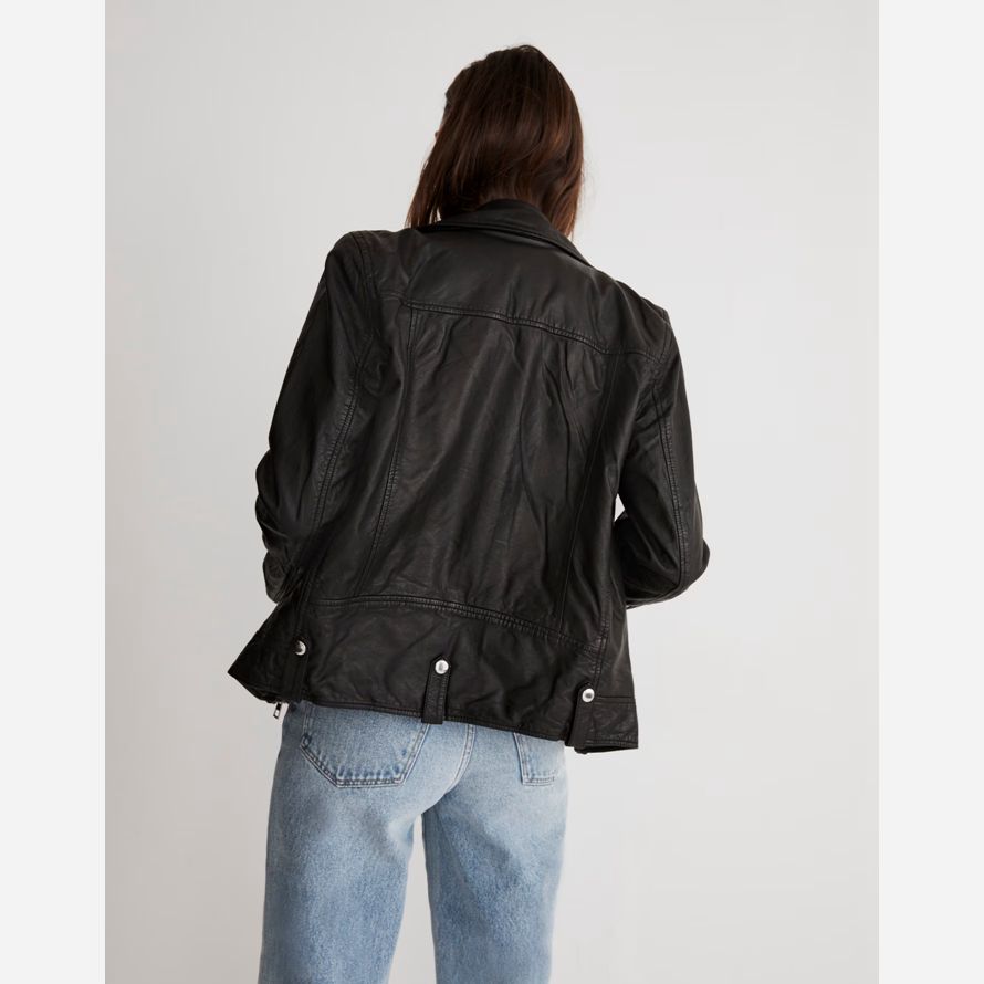 black womens madewell washed oversized motorcycle leather jacket