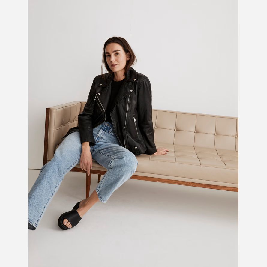 black womens madewell washed oversized motorcycle leather jacket