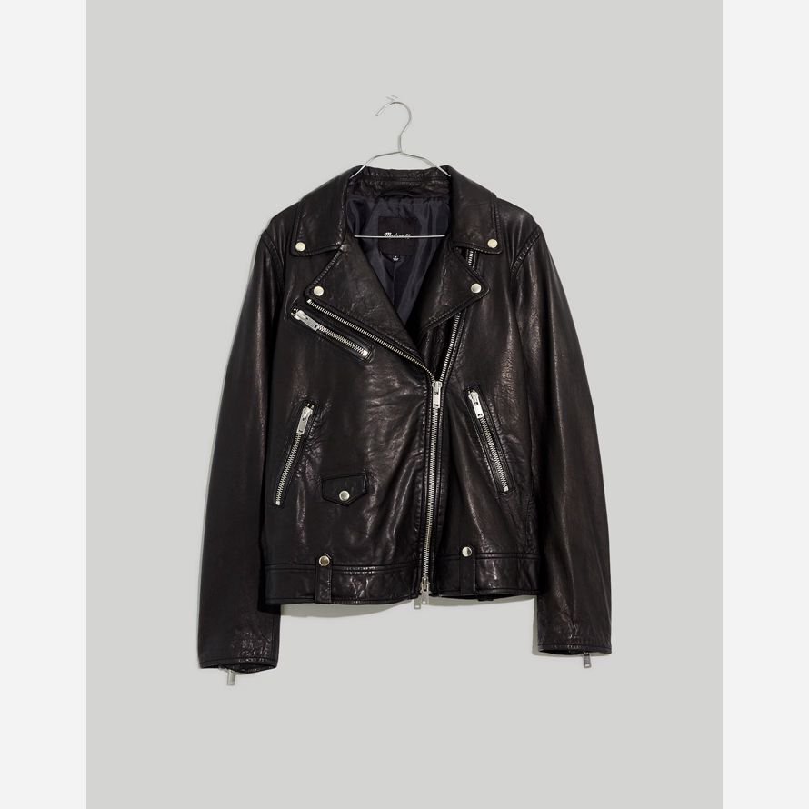 black womens madewell washed oversized motorcycle leather jacket
