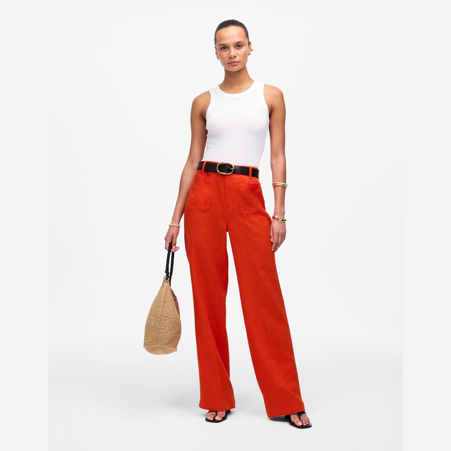 womens madewell patch pocket flare pants orange red