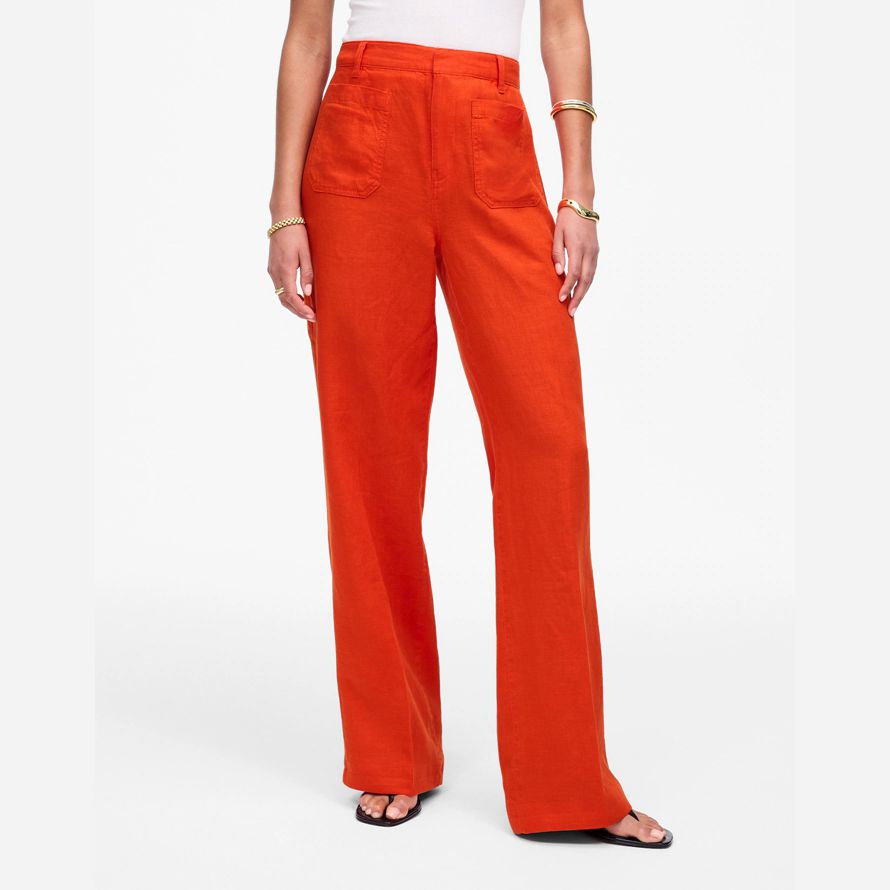 womens madewell patch pocket flare pants orange red