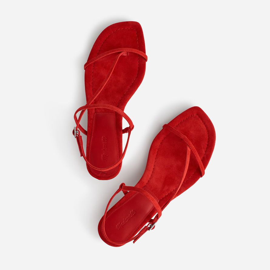 red womens madewell the maycie asymmetric t-strap sandals