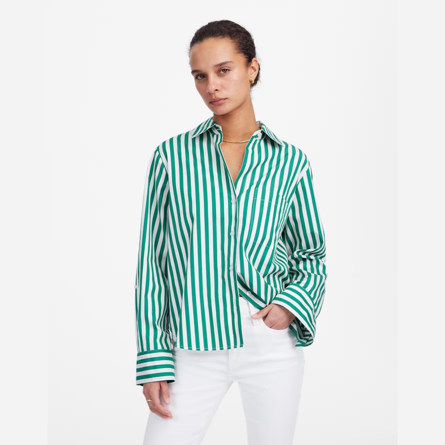 womens madewell poplin easy y-neck button-up shirts green white