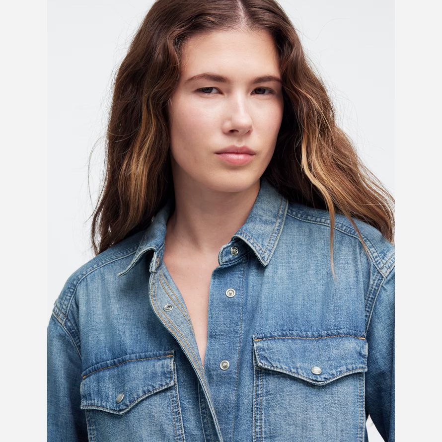 blue womens madewell denim relaxed western shirts