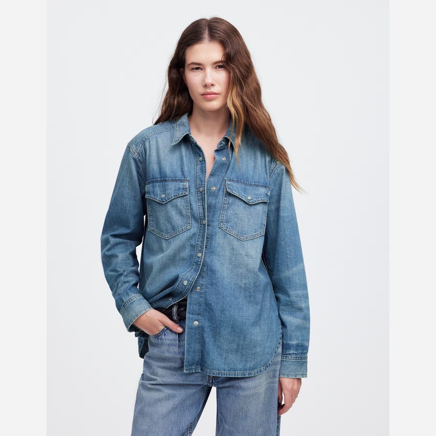 blue womens madewell denim relaxed western shirts