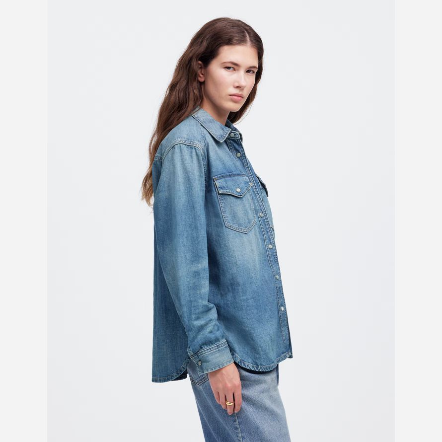 blue womens madewell denim relaxed western shirts