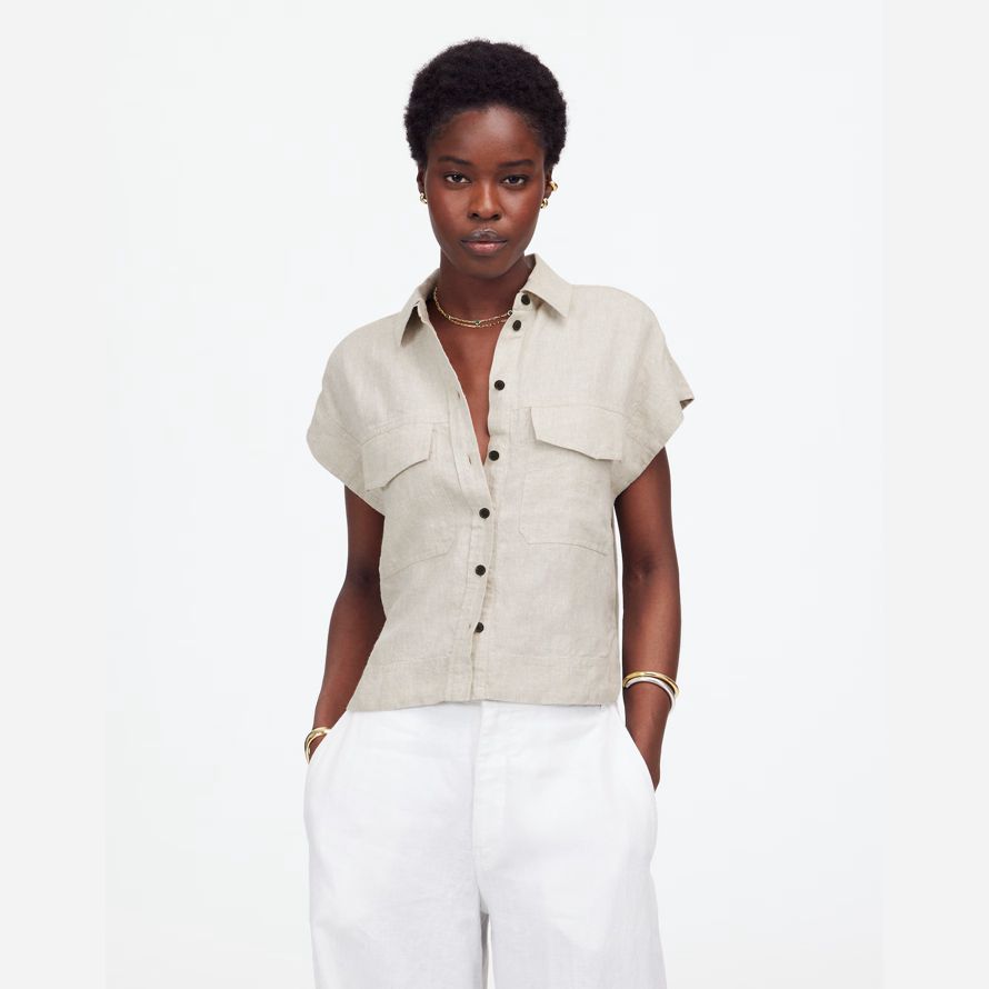 beige madewell boxy cargo-pocket button-up womens shirts