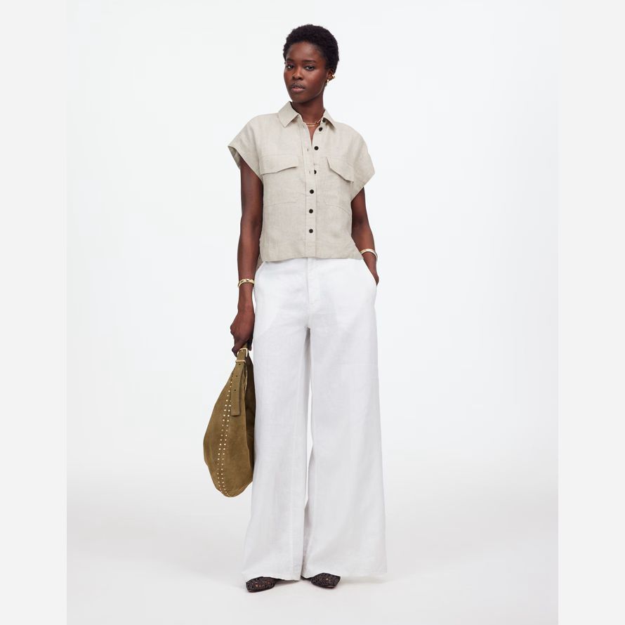 beige madewell boxy cargo-pocket button-up womens shirts
