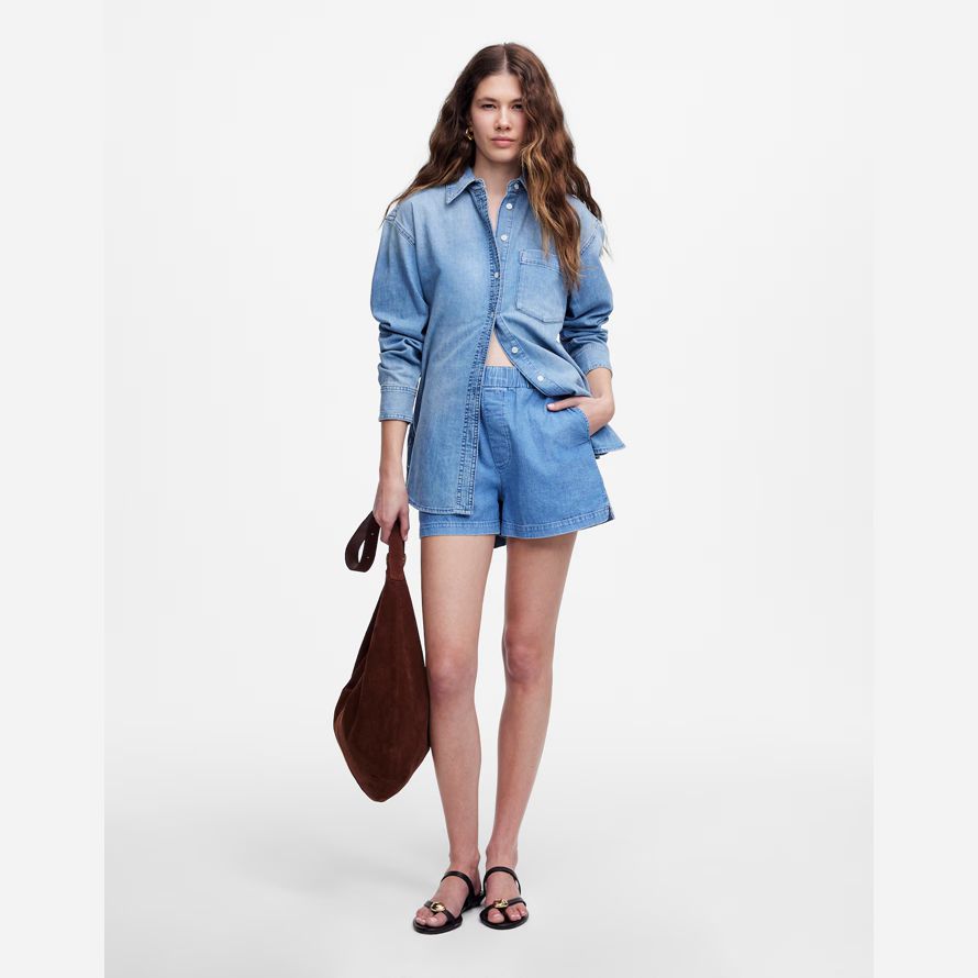 womens madewell denim pull-on shorts blue