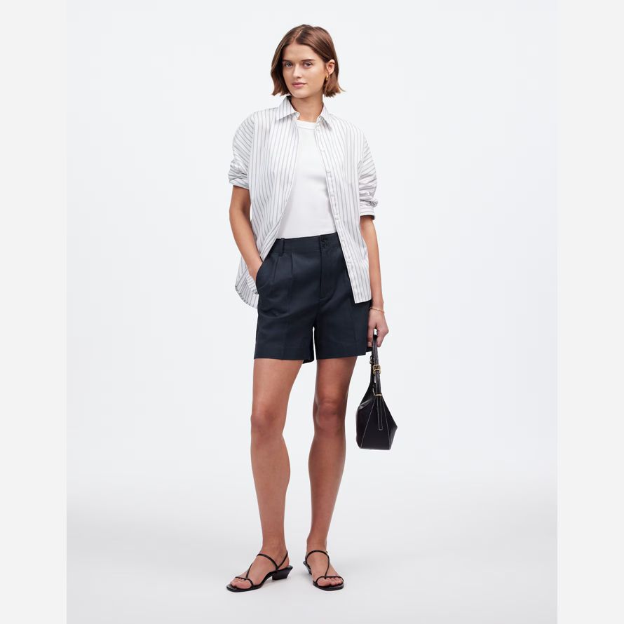 womens madewell the drapey twill pleated shorts navy