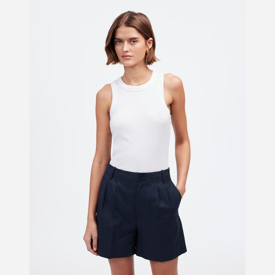 womens madewell the drapey twill pleated shorts navy