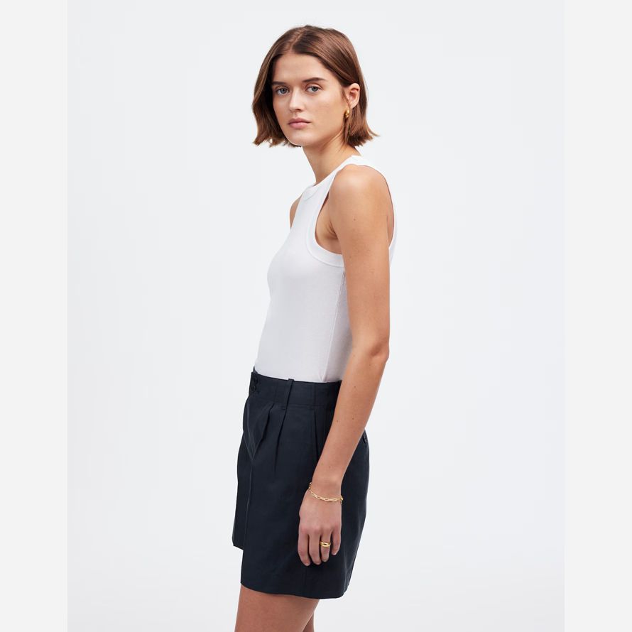 womens madewell the drapey twill pleated shorts navy