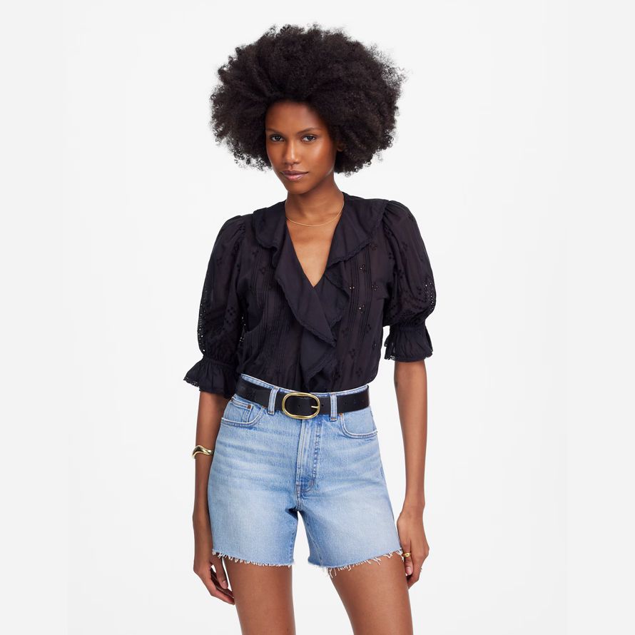 madewell the perfect vintage mid-length denim womens shorts light blue