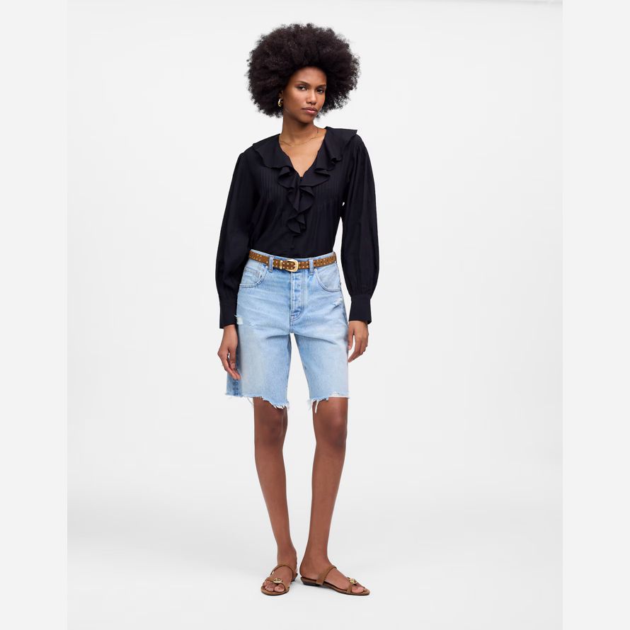 womens madewell the essex long baggy shorts light blue