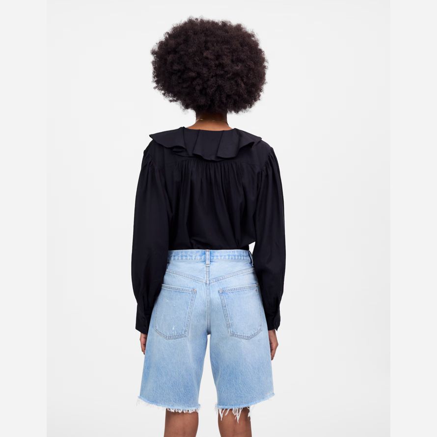 womens madewell the essex long baggy shorts light blue
