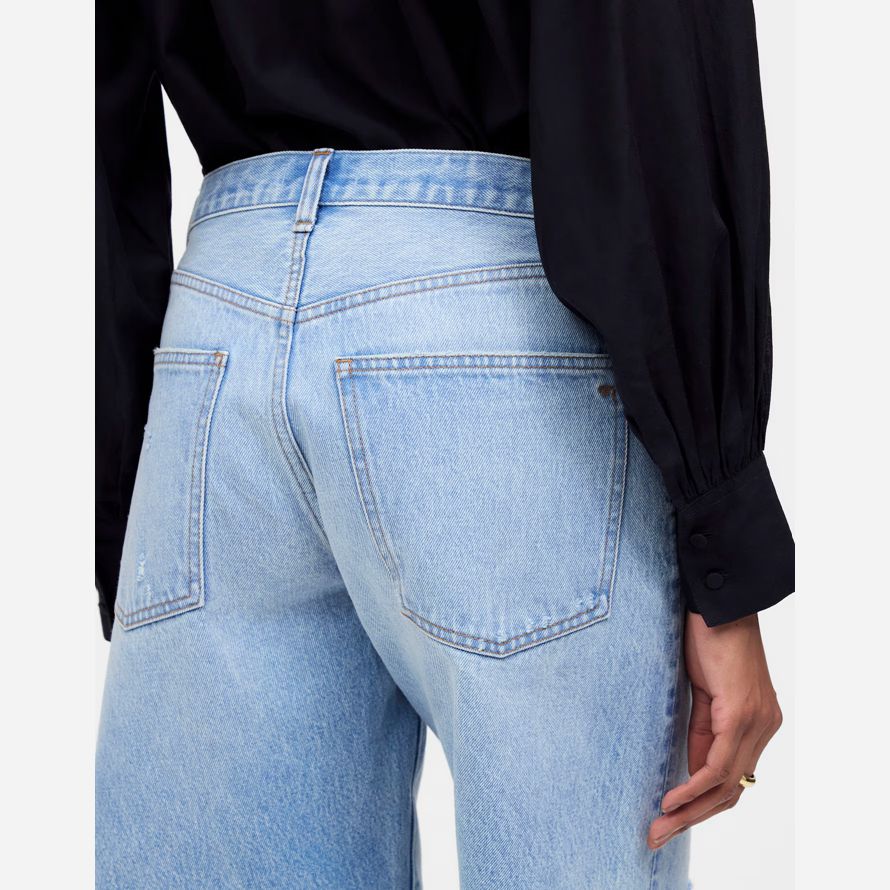 womens madewell the essex long baggy shorts light blue