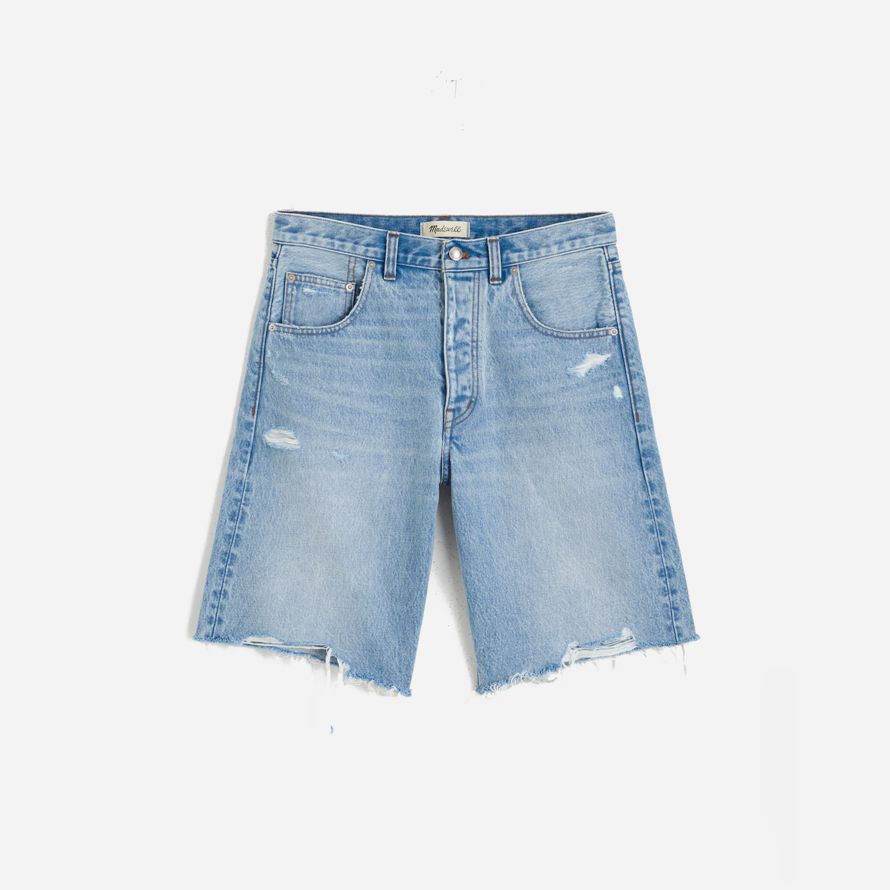 womens madewell the essex long baggy shorts light blue
