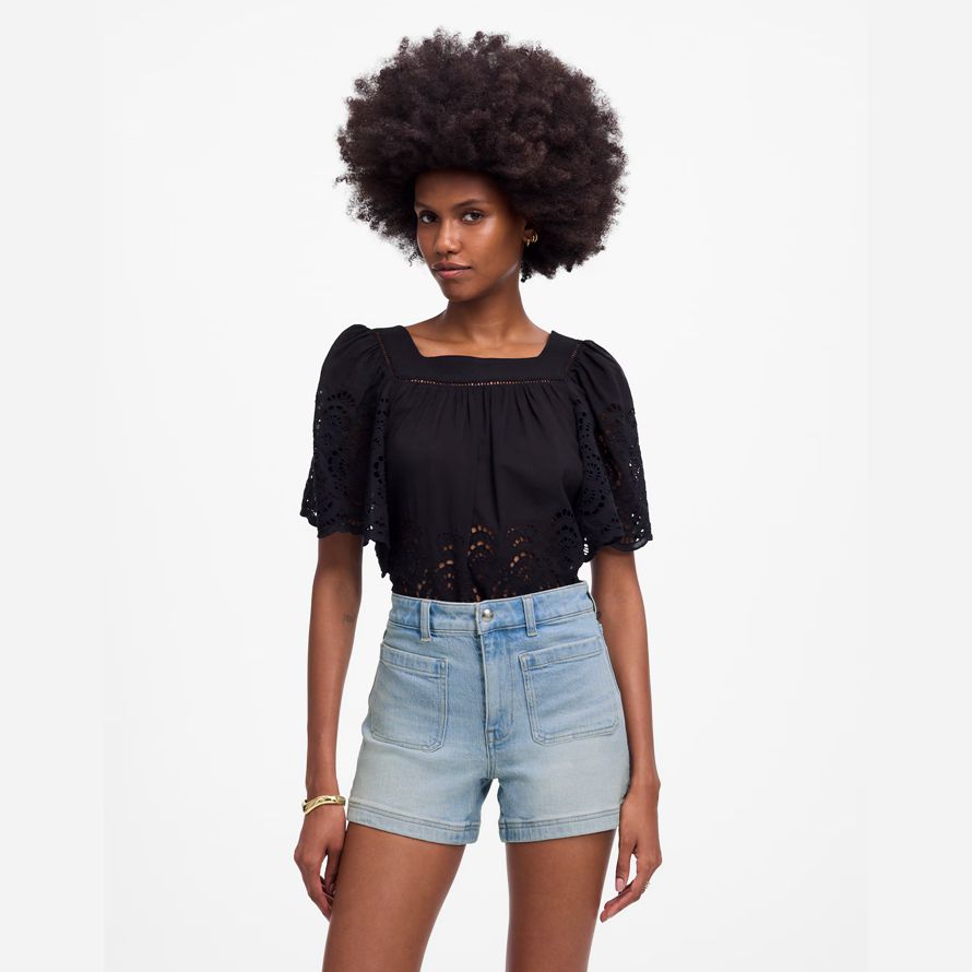 womens madewell the denim emmett shorts light blue