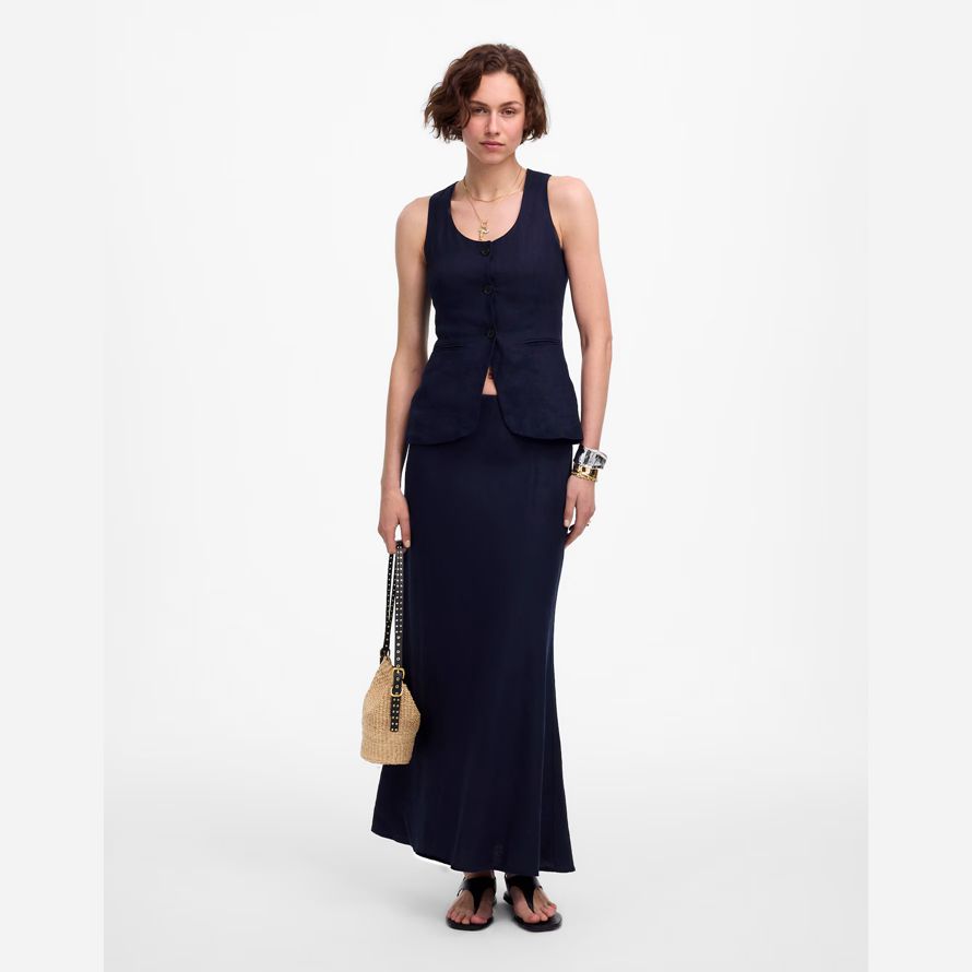 navy womens madewell linen maxi slip skirt