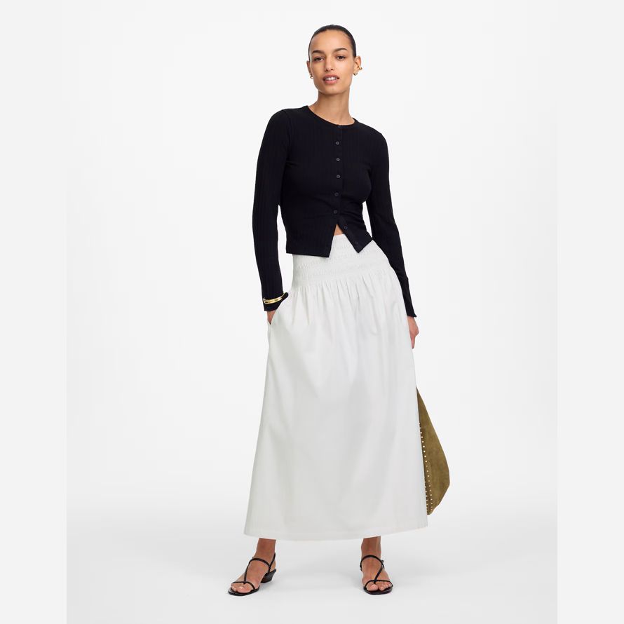 white madewell smocked-waist poplin midi womens skirt