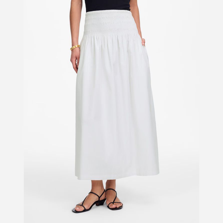 white madewell smocked-waist poplin midi womens skirt