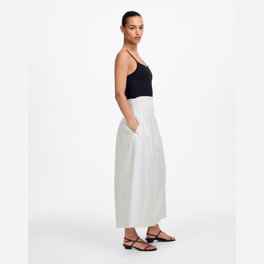 white madewell smocked-waist poplin midi womens skirt