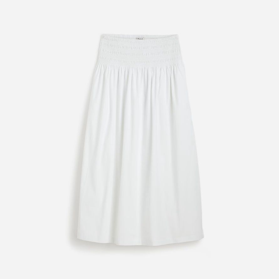 white madewell smocked-waist poplin midi womens skirt