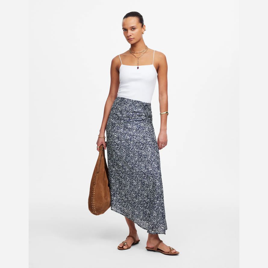 navy white madewell ruched asymmetric midi womens skirt