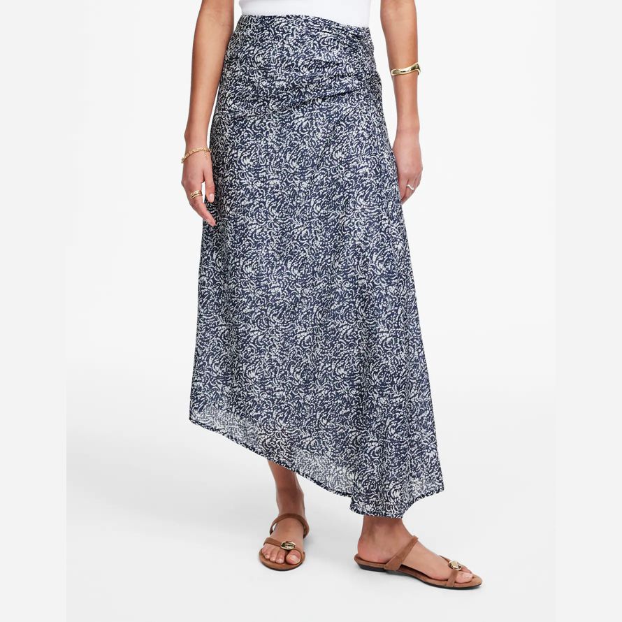 navy white madewell ruched asymmetric midi womens skirt