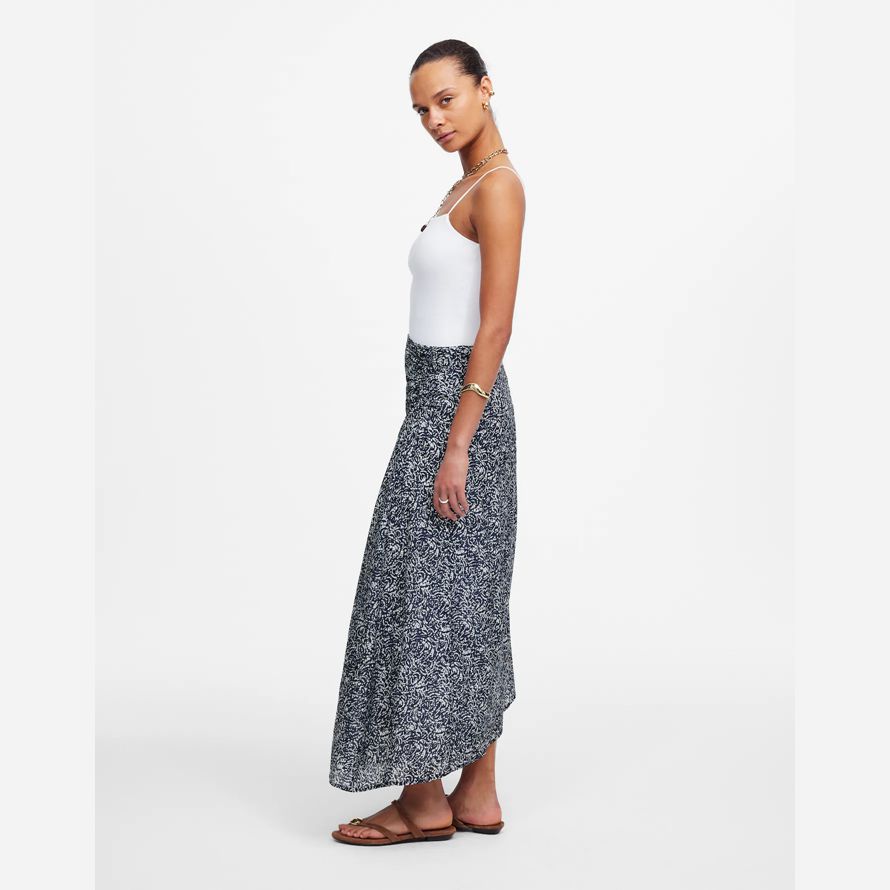 navy white madewell ruched asymmetric midi womens skirt