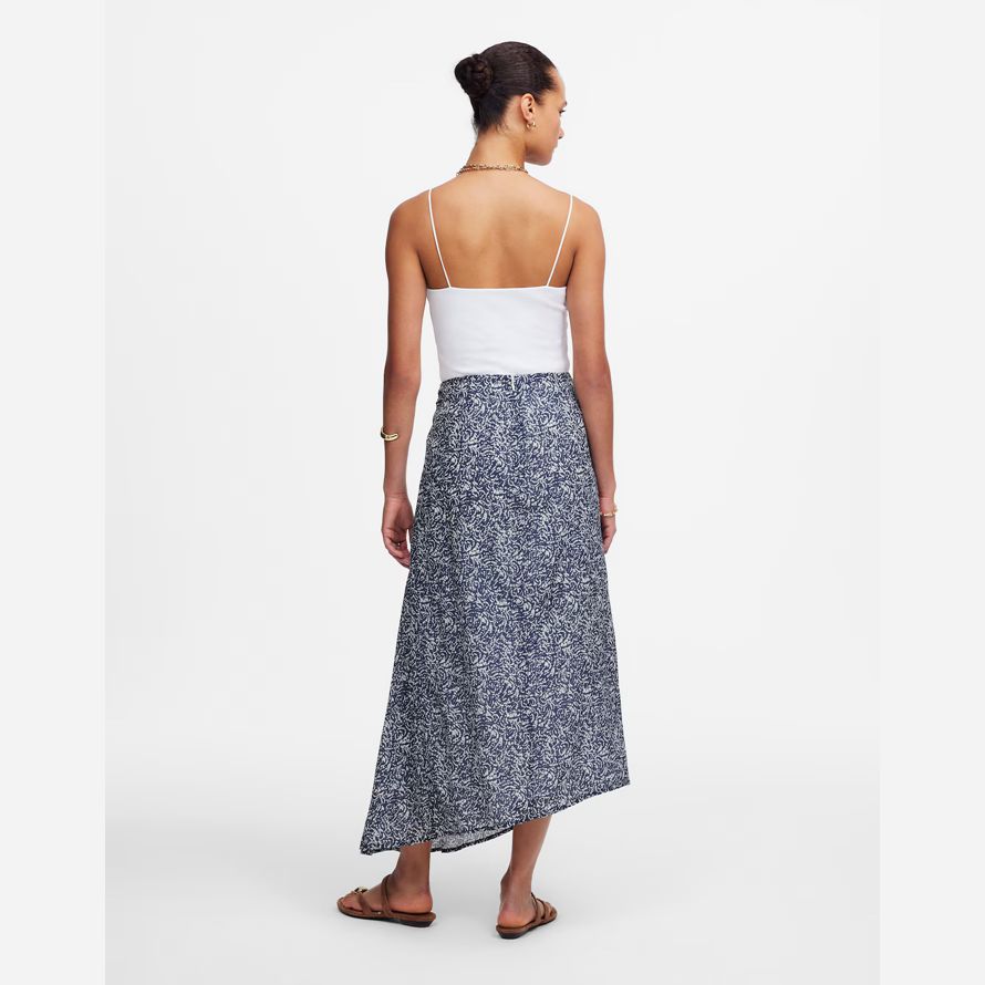 navy white madewell ruched asymmetric midi womens skirt