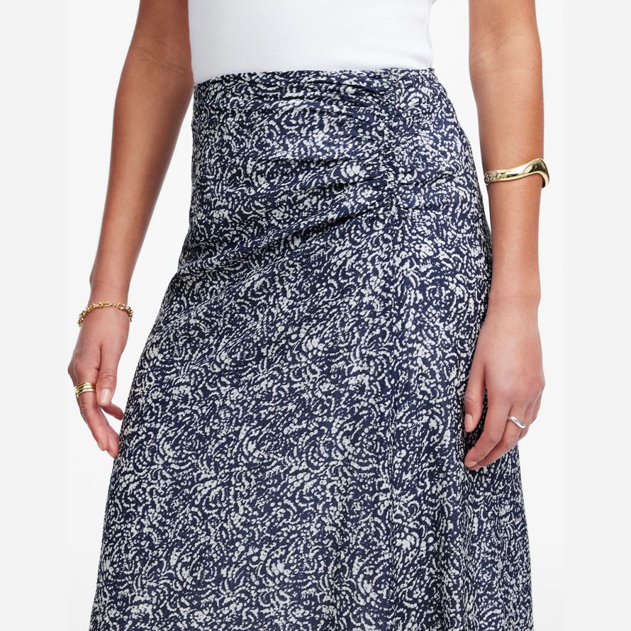 navy white madewell ruched asymmetric midi womens skirt