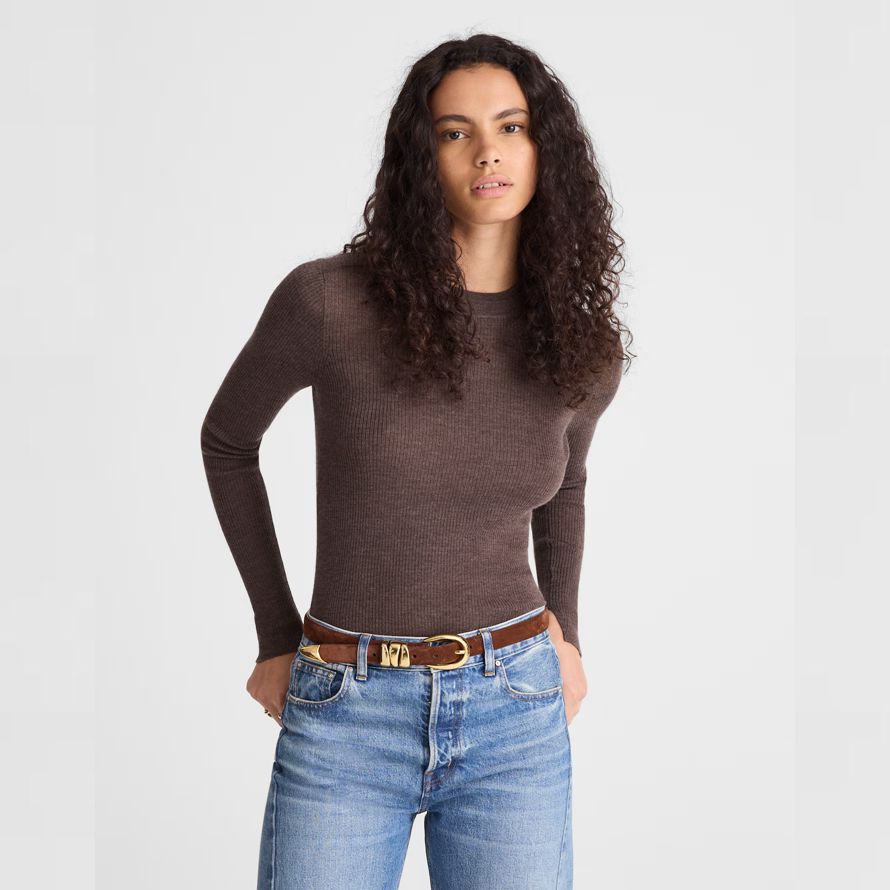 womens madewell double-layered crewneck merino-wool silk sweater dark brown