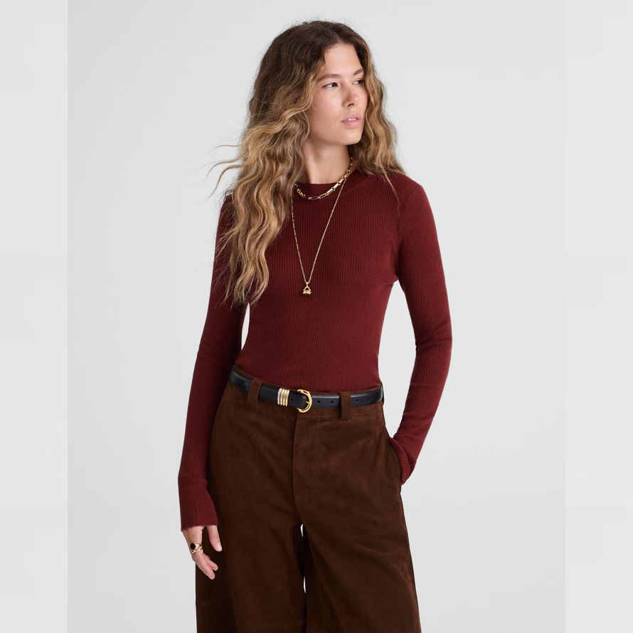 red brown madewell double-layered crewneck merino-wool silk womens sweater